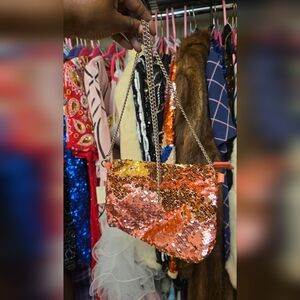 Sequin Chain Strap Bag - Pink and Gold